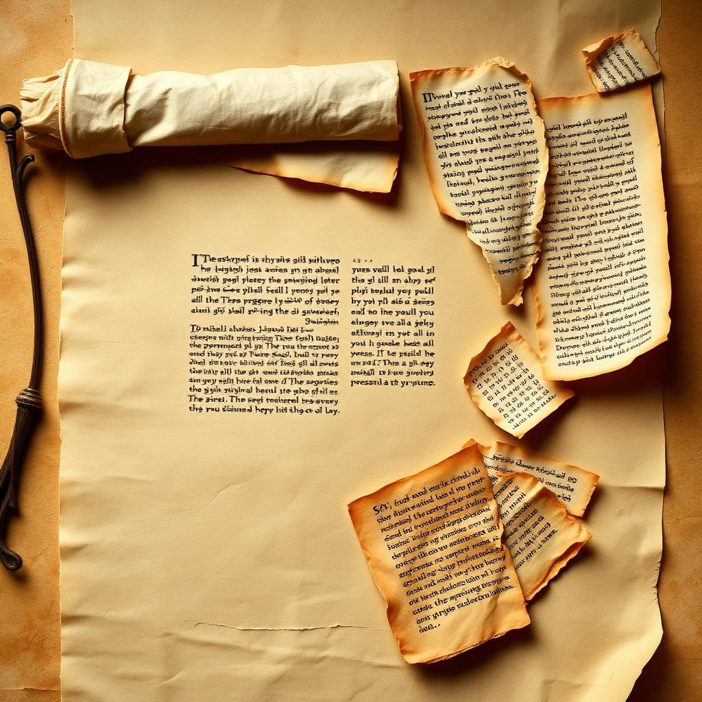 Ancient parchment fragments and scrolls